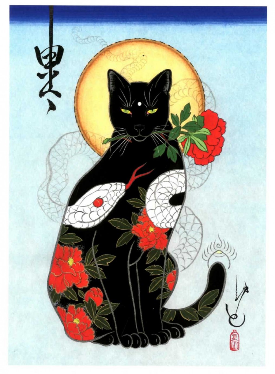 Black Cat Japanese Prints Gentlemans Tattoo Flash