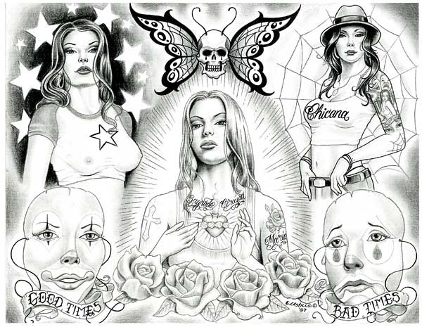 Tattoo Flash of Chicanos Cars Weapons